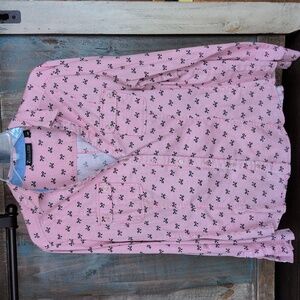 7th Avenue Pink Striped Black Bow Print Fitted Button Down Shirt- Women's Large